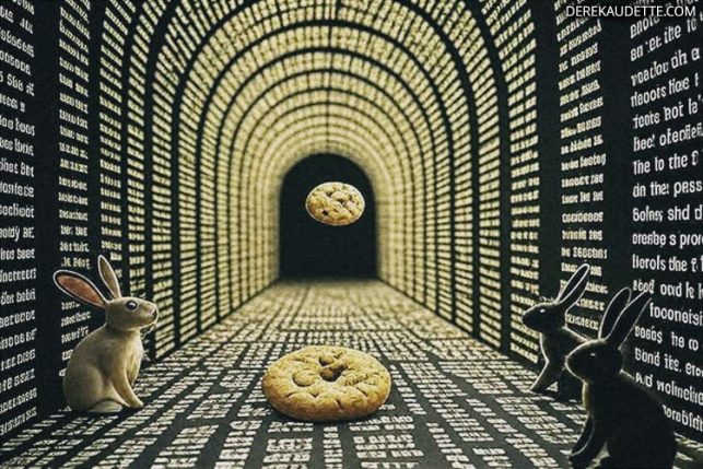 Three rabbits with cookies in a long hallway lines with text.