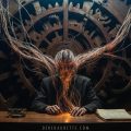 A surrealist digital art piece depicting a person connected to a massive gear-filled machine by glowing fiber-optic cables, symbolizing the loss of online data privacy in a corporate extraction economy.