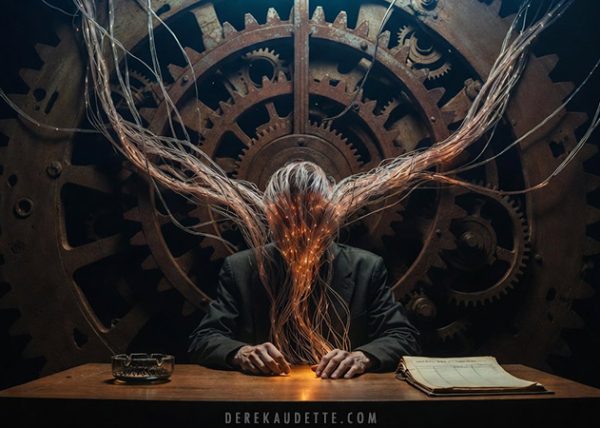 A surrealist digital art piece depicting a person connected to a massive gear-filled machine by glowing fiber-optic cables, symbolizing the loss of online data privacy in a corporate extraction economy.