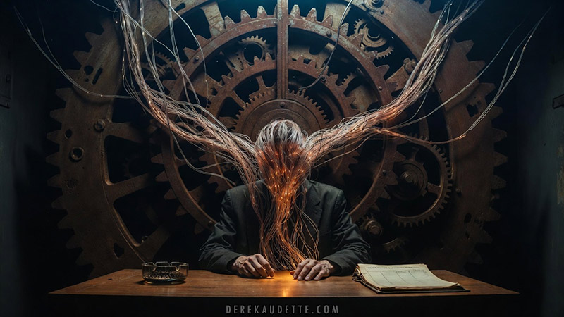 A surrealist digital art piece depicting a person connected to a massive gear-filled machine by glowing fiber-optic cables, symbolizing the loss of online data privacy in a corporate extraction economy.