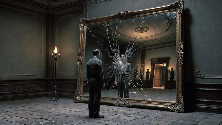 A surrealist illustration of a person standing before a cracked ornate mirror that reveals a parallel world with reversed text and eerie amber light beyond its silver surface.